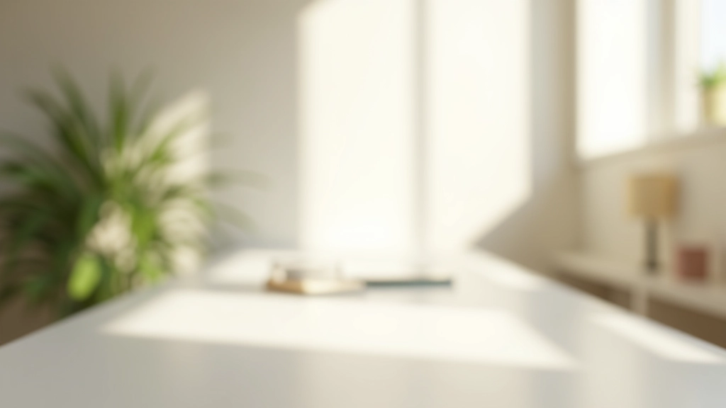 Modern bright workspace with plant and notebook, morning light streaming through window