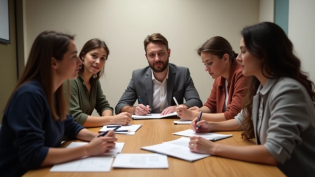 Small group workshop with four people working through exercises on notepads, collaborative learning environment in Porto studio