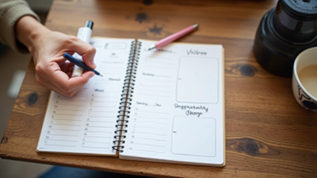 Close-up of hand writing monthly milestones in calendar planner