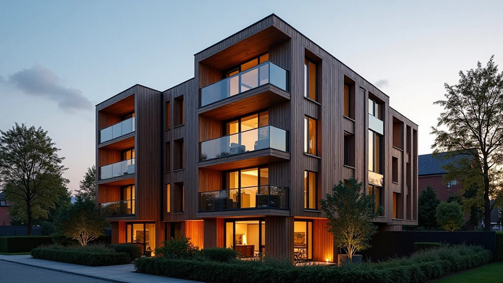 Kaasaegne korterelamu klaasist ja puust ehitusega, kus näha intelligentset valgustust ja sensore seinal