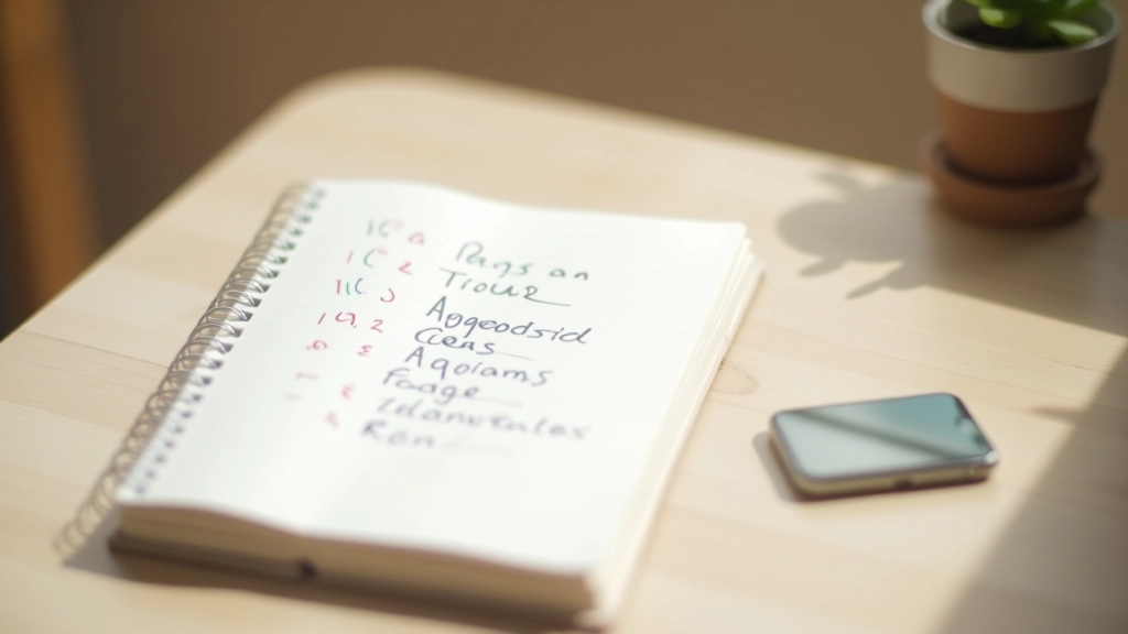 Notebook with handwritten reflections on a light wooden desk, pen nearby, soft afternoon light