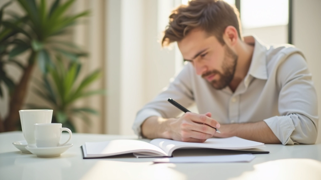 Person writing goals in planner with coffee on desk, morning light