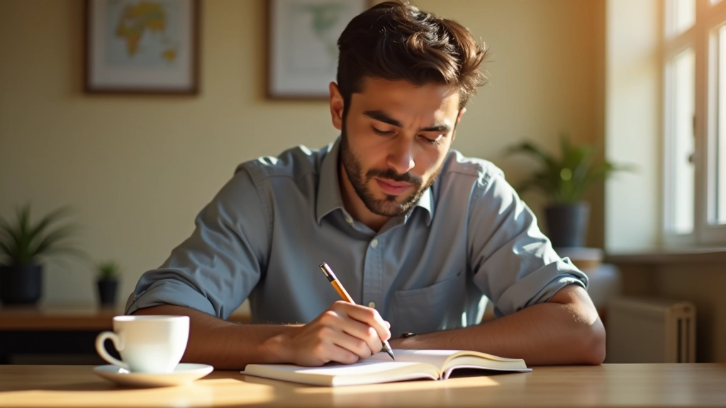 Person writing in journal during morning routine at wooden desk with coffee cup and natural light