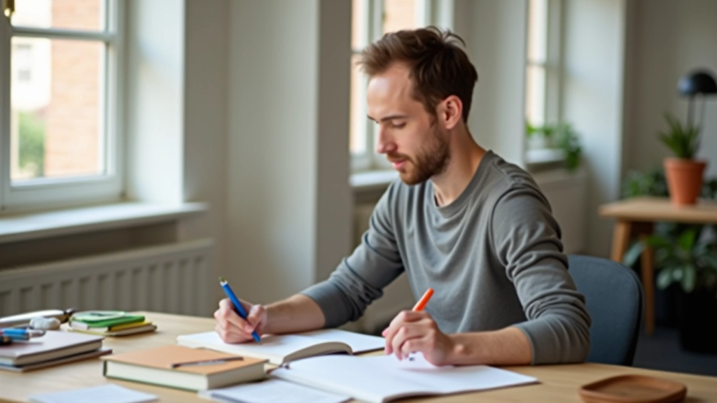 Person at desk comparing handwritten goal examples with color-coded markers