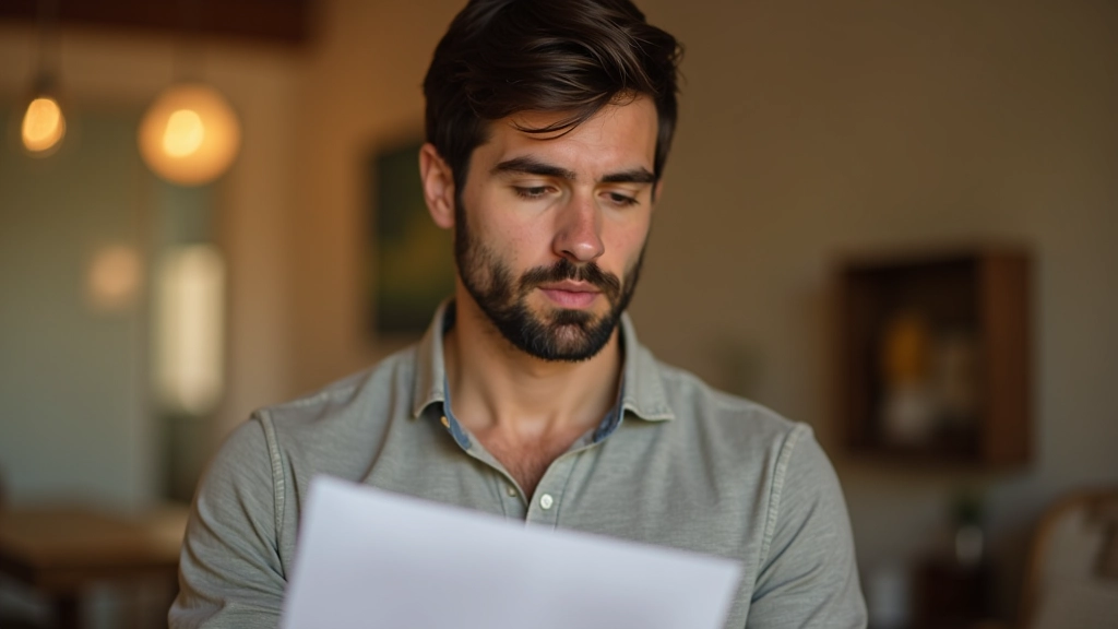 Person reviewing personal values document, thoughtful expression, natural daylight indoors