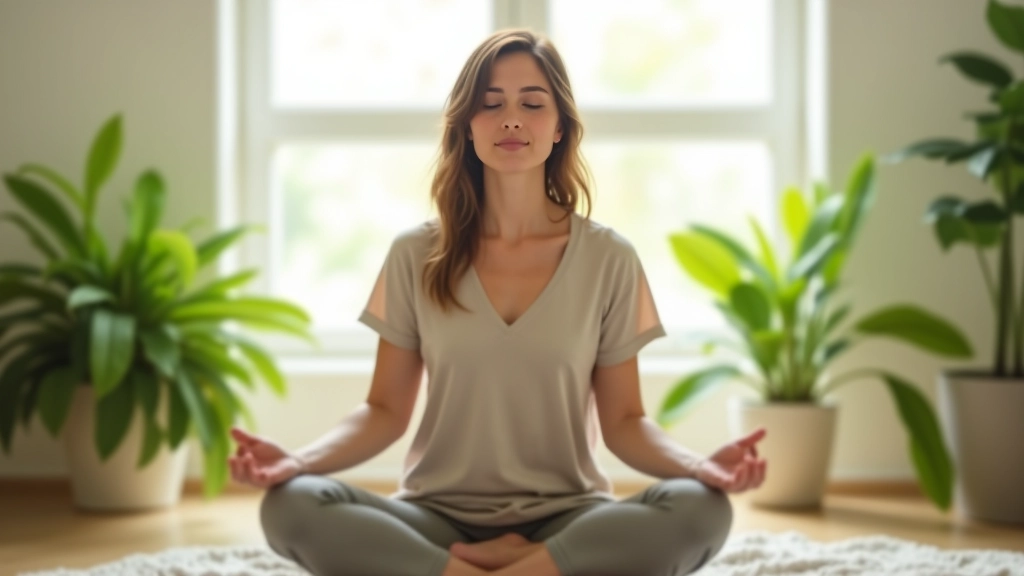 Person meditating peacefully in morning light with plants in background, showing calm confidence-building practice