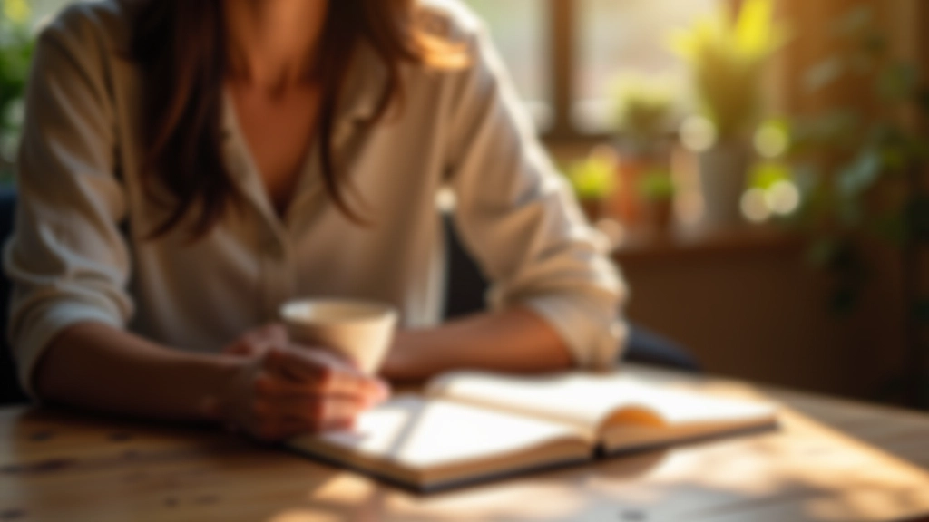 Person writing in journal at wooden table with coffee, natural morning light through window