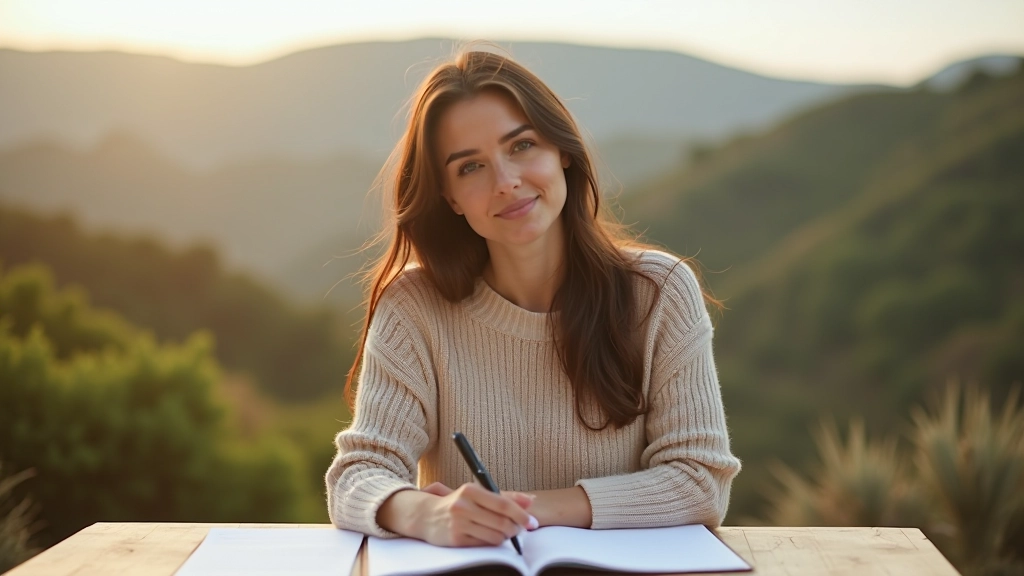 Woman sitting at wooden table with notebook and pen, reflecting outdoors in natural light