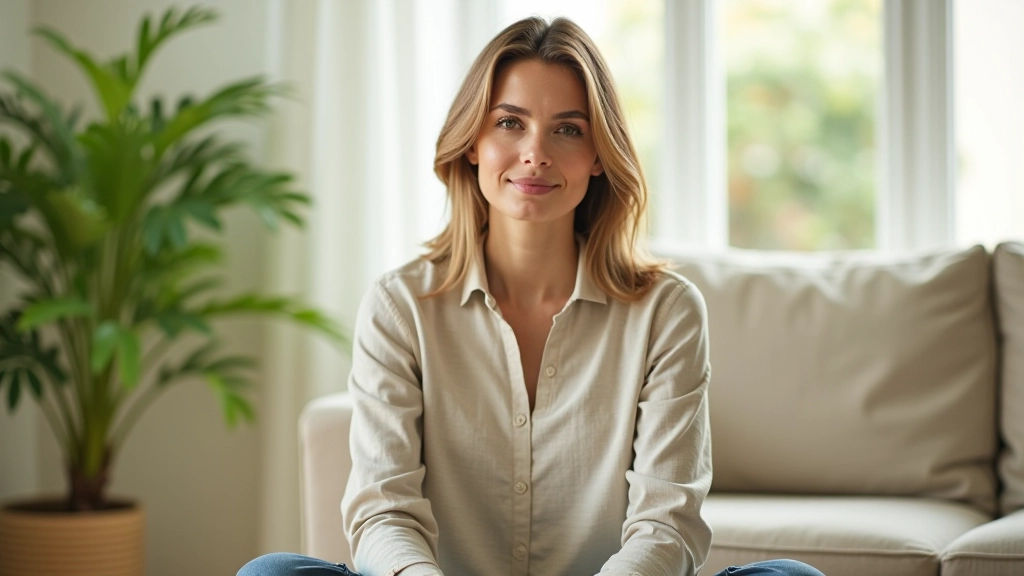 Woman doing morning meditation routine in bright room with plants