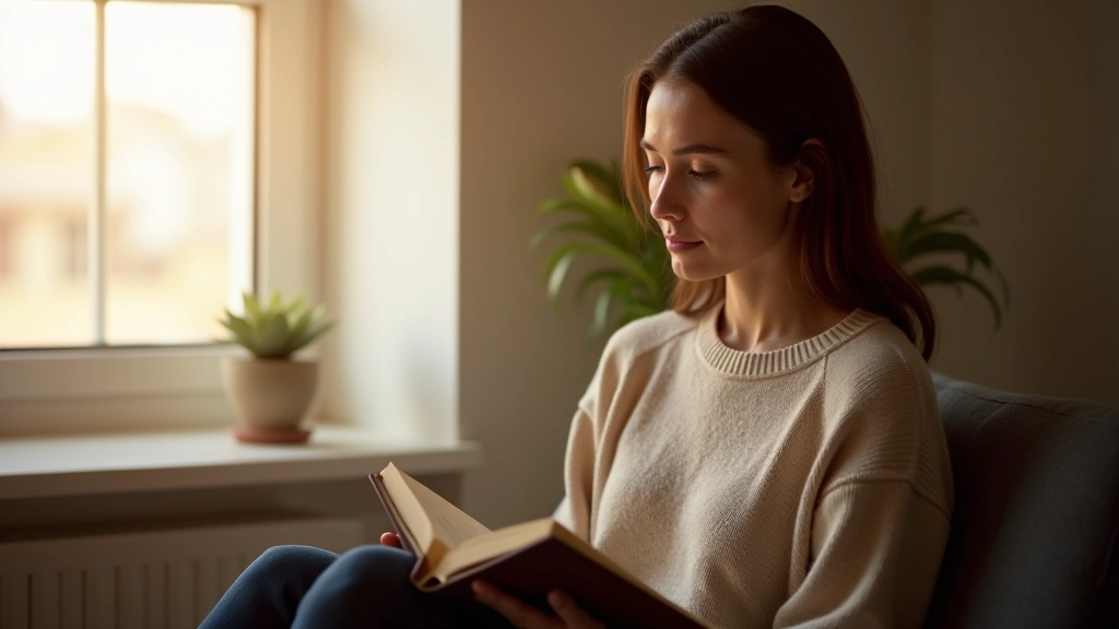 Person reading with coffee cup and journal on lap, window light, peaceful moment, indoor