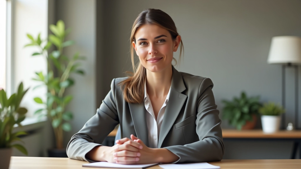 Professional woman in modern office environment during personal development coaching session, bright natural lighting, inspiring workspace